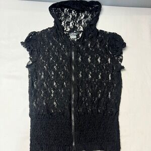 Dots Lace Whimsigoth Open Lace  Coquette‎ Zip Up Hoodie Sleeveless Ruffle Size L